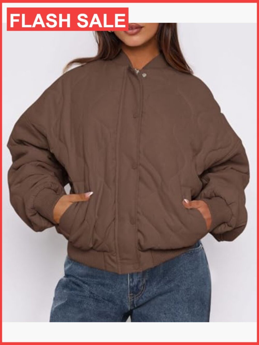 Quilted Bomber Jacket Lightweight Cropped Zip Up Puffer Coat with Pockets - Picture 3 of 7